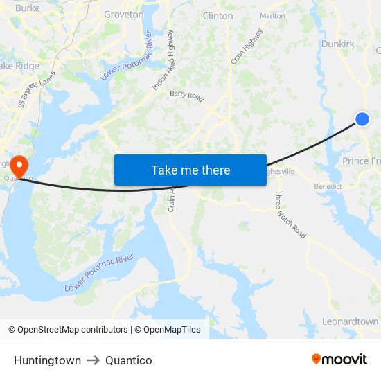 Huntingtown to Quantico map