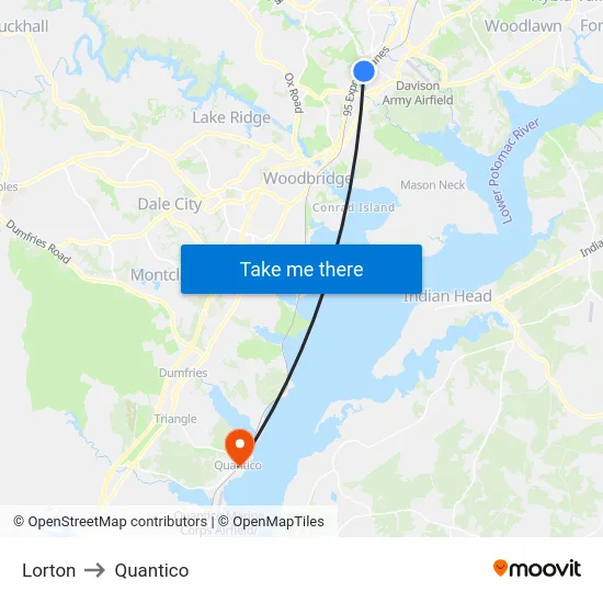 Lorton to Quantico map