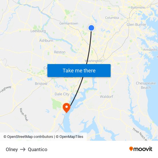 Olney to Quantico map