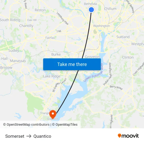 Somerset to Quantico map