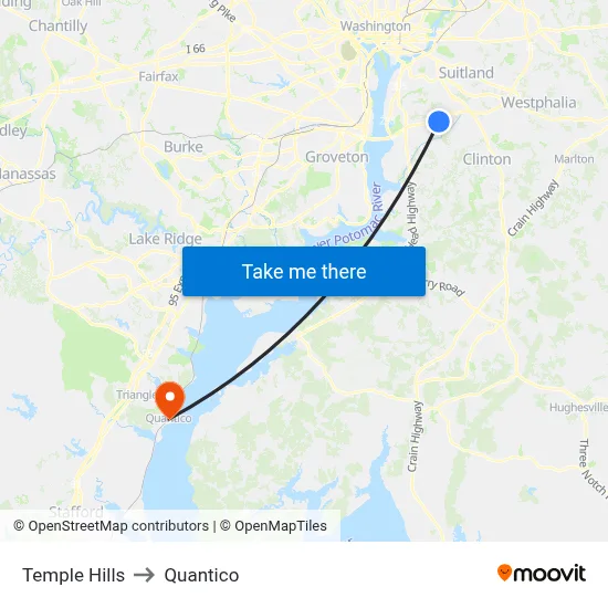 Temple Hills to Quantico map