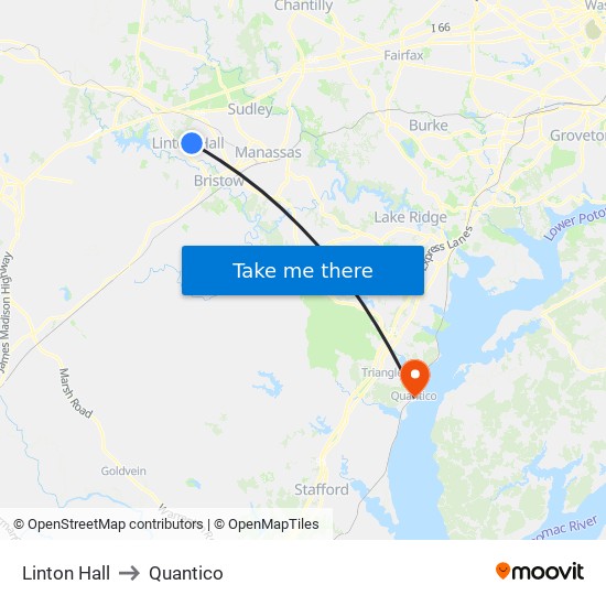 Linton Hall to Quantico map