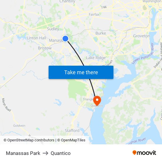 Manassas Park to Quantico map