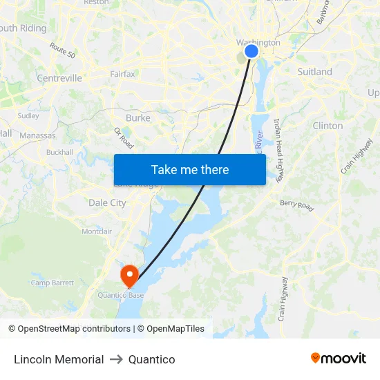 Lincoln Memorial to Quantico map
