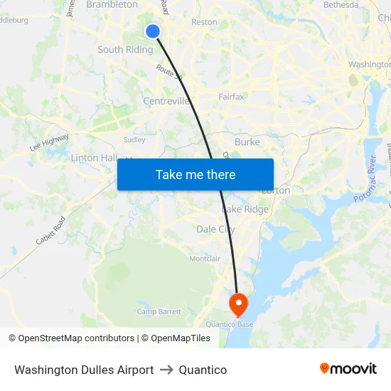 Washington Dulles Airport to Quantico map