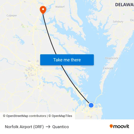 Norfolk Airport (ORF) to Quantico map