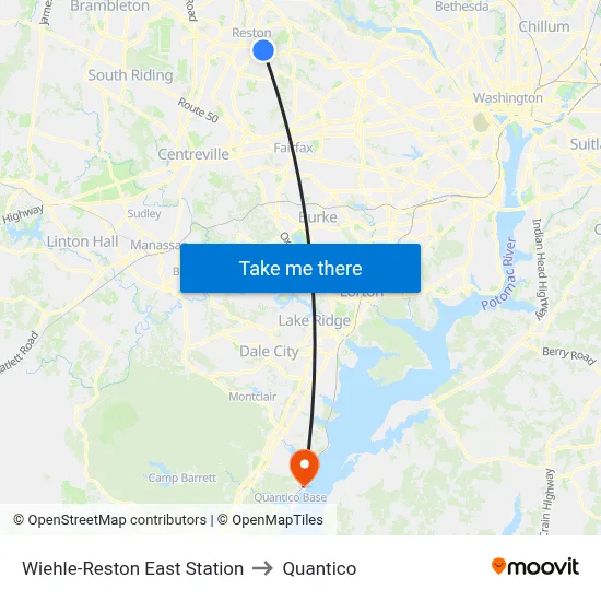 Wiehle-Reston East Station to Quantico map