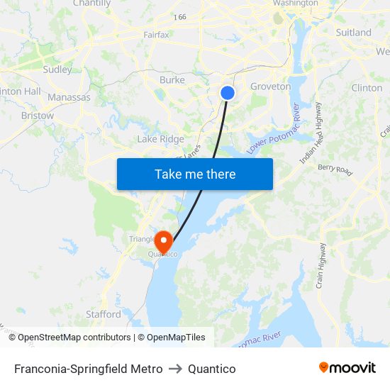 Franconia-Springfield Metro to Quantico map