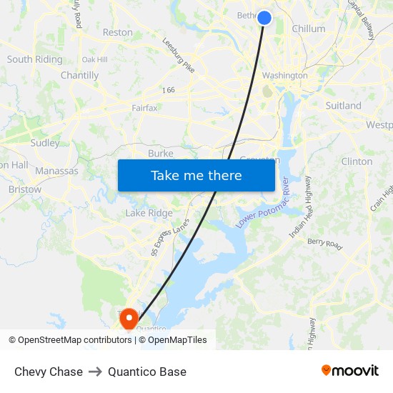 Chevy Chase to Quantico Base map