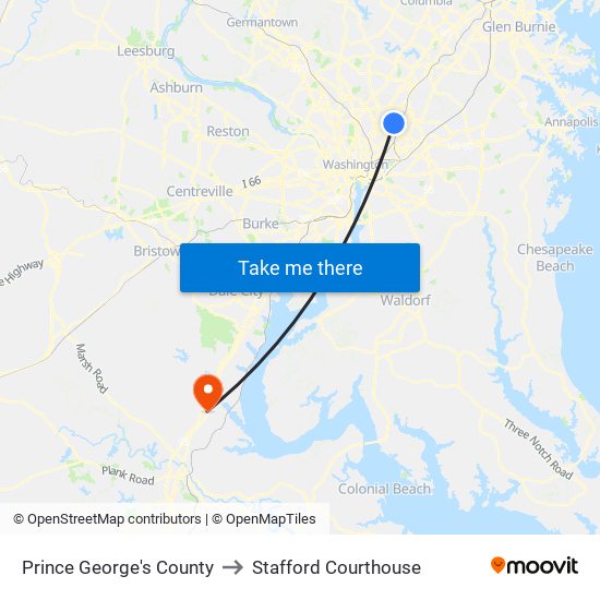 Prince George's County to Stafford Courthouse map