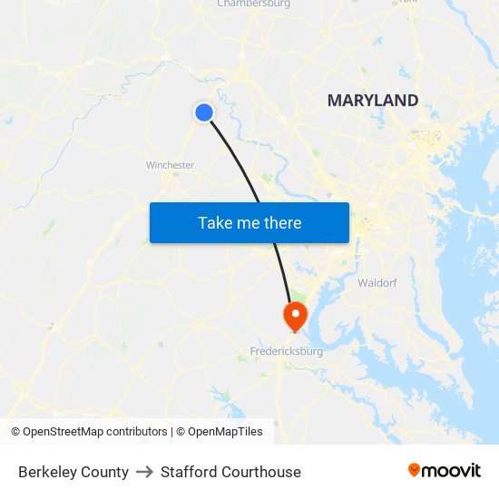 Berkeley County to Stafford Courthouse map