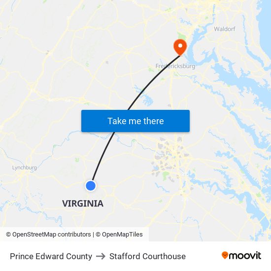 Prince Edward County to Stafford Courthouse map