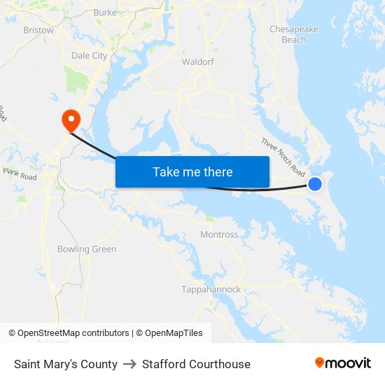 Saint Mary's County to Stafford Courthouse map