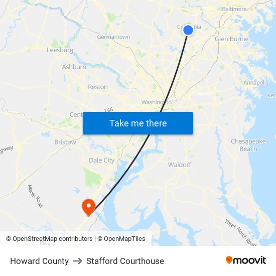 Howard County to Stafford Courthouse map