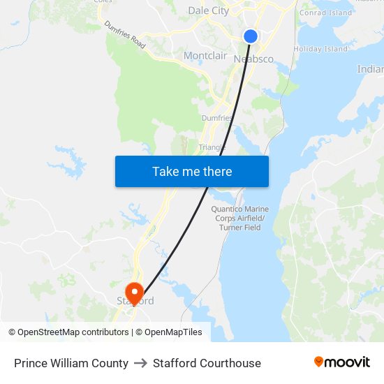 Prince William County to Stafford Courthouse map