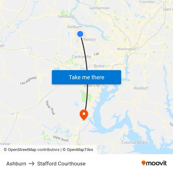 Ashburn to Stafford Courthouse map