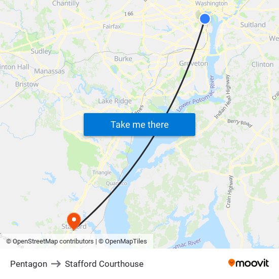Pentagon to Stafford Courthouse map