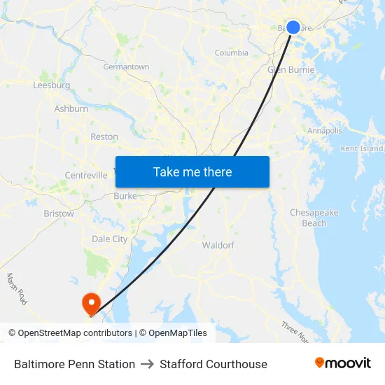 Baltimore Penn Station to Stafford Courthouse map