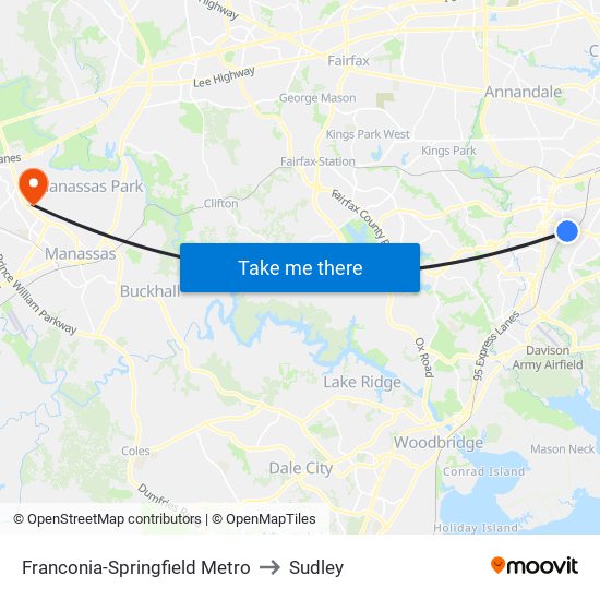 Franconia-Springfield Metro to Sudley map