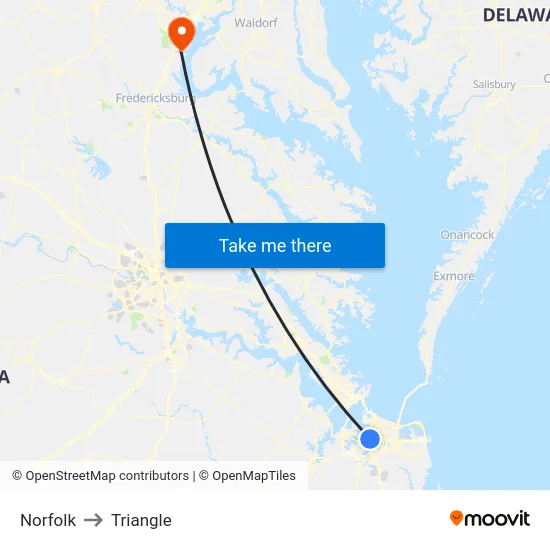 Norfolk to Triangle map