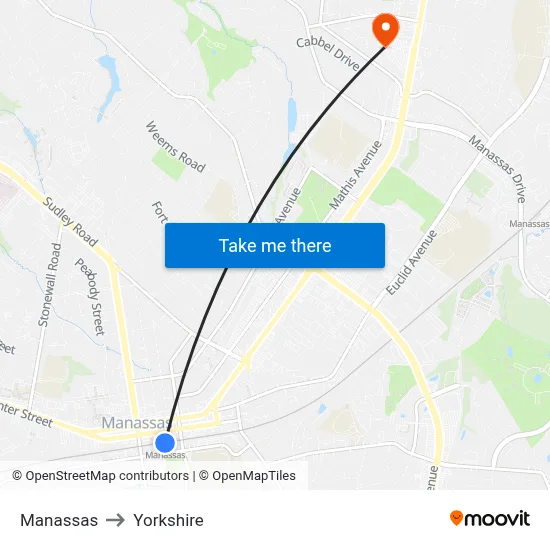 Manassas to Yorkshire map