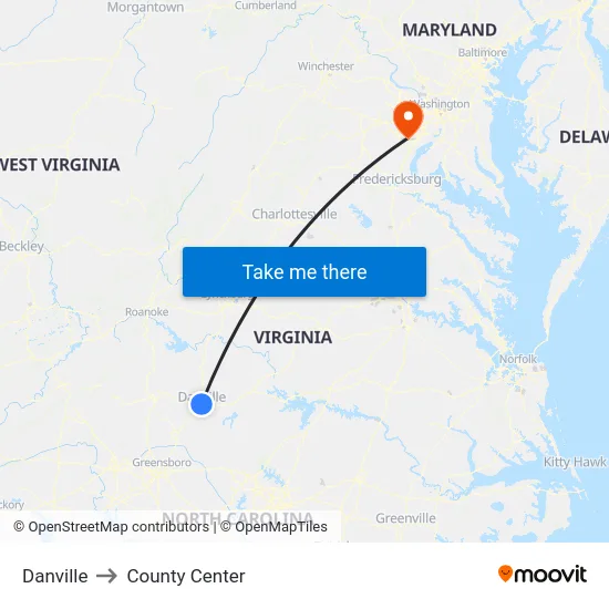 Danville to County Center map