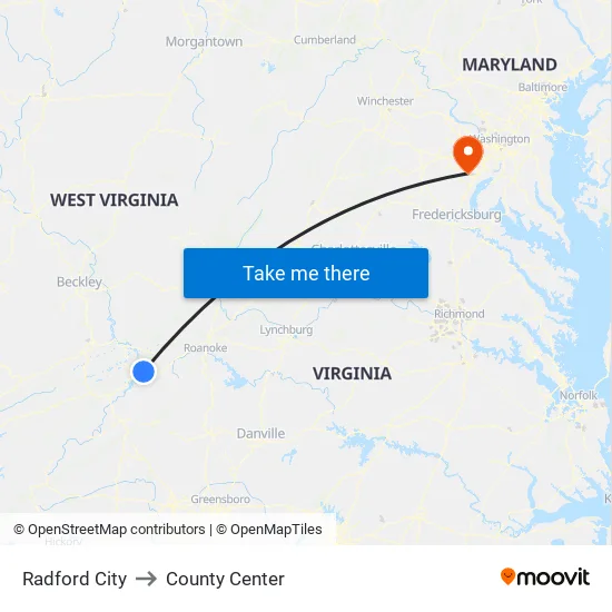 Radford City to County Center map
