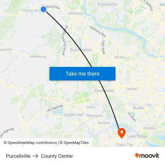 Purcellville to County Center map