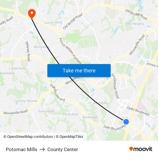 Potomac Mills to County Center map