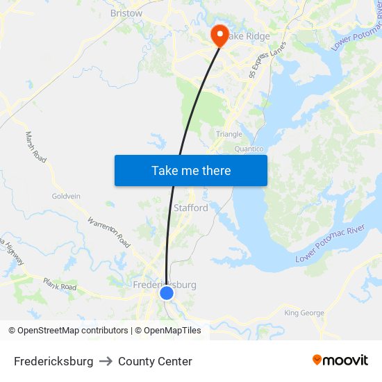 Fredericksburg to County Center map