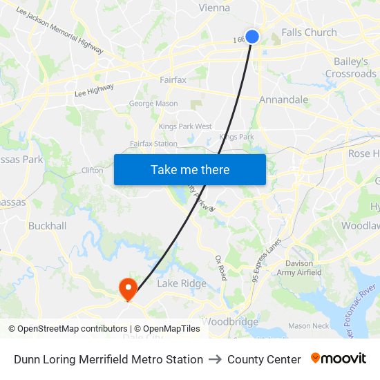 Dunn Loring Merrifield Metro Station to County Center map