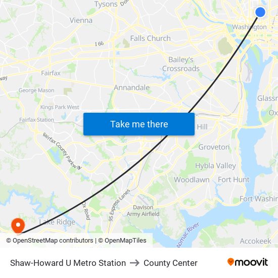 Shaw-Howard U Metro Station to County Center map