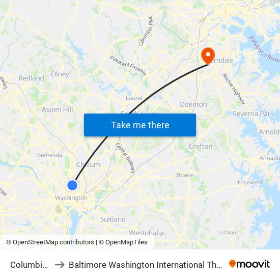 Columbia Heights to Baltimore Washington International Thurgood Marshall Airport (Bwi) map