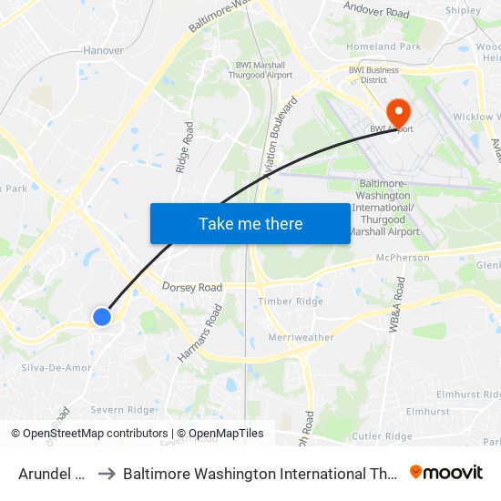 Arundel Mills Mall to Baltimore Washington International Thurgood Marshall Airport (Bwi) map