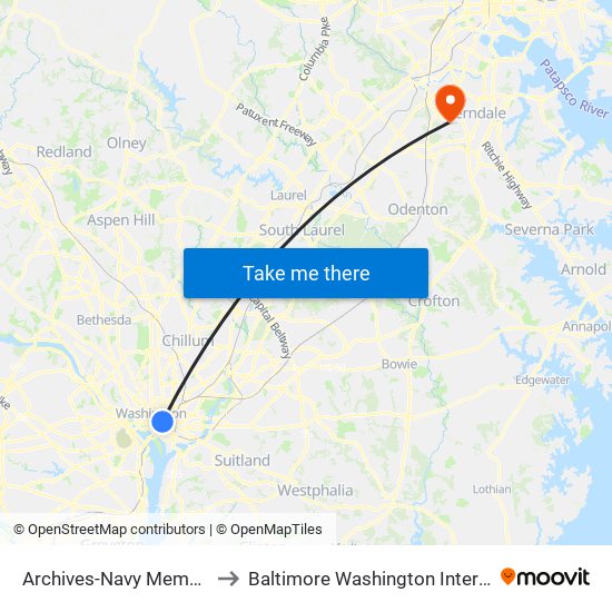 Archives-Navy Memorial-Penn Quarter Metro Station to Baltimore Washington International Thurgood Marshall Airport (Bwi) map