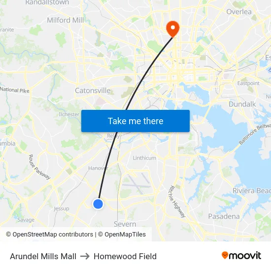 Arundel Mills Mall to Homewood Field map
