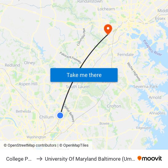 College Park to University Of Maryland Baltimore (Umbc) map