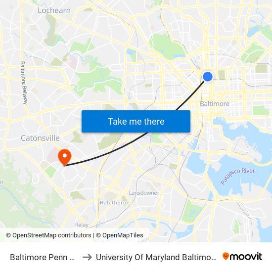 Baltimore Penn Station to University Of Maryland Baltimore (Umbc) map