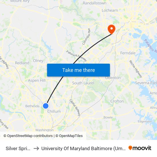 Silver Spring to University Of Maryland Baltimore (Umbc) map