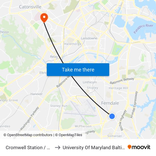 Cromwell Station / Glen Burnie to University Of Maryland Baltimore (Umbc) map