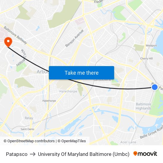 Patapsco to University Of Maryland Baltimore (Umbc) map