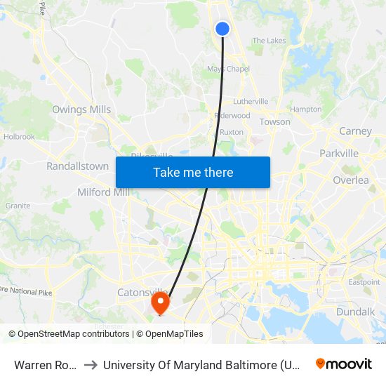 Warren Road to University Of Maryland Baltimore (Umbc) map