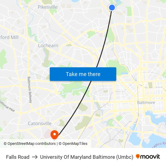 Falls Road to University Of Maryland Baltimore (Umbc) map