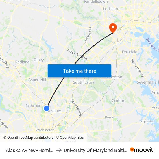 Alaska Av Nw+Hemlock St NW to University Of Maryland Baltimore (Umbc) map