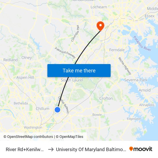 River Rd+Kenilworth Av to University Of Maryland Baltimore (Umbc) map