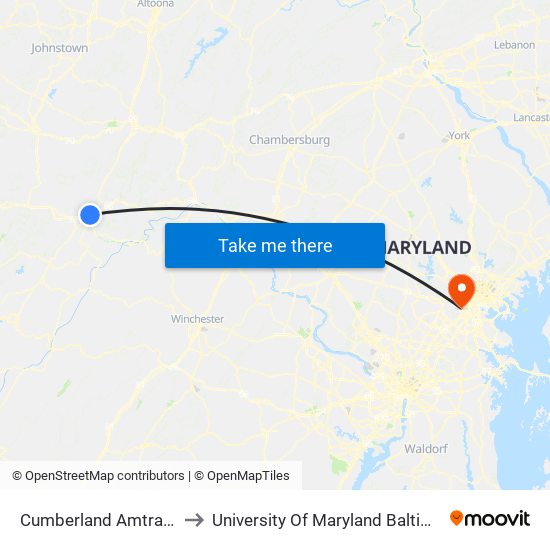 Cumberland Amtrak Station to University Of Maryland Baltimore (Umbc) map