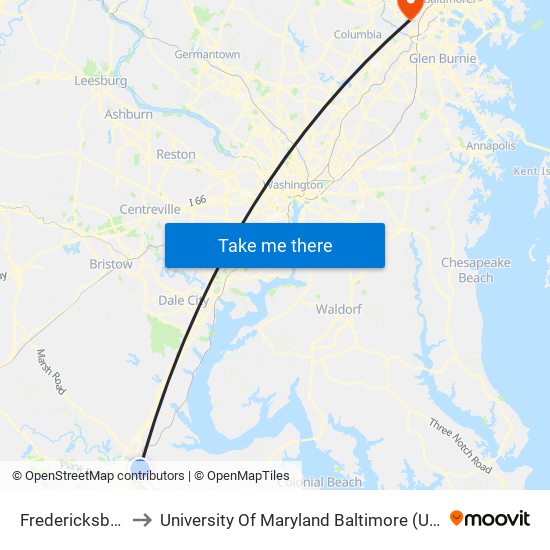 Fredericksburg to University Of Maryland Baltimore (Umbc) map