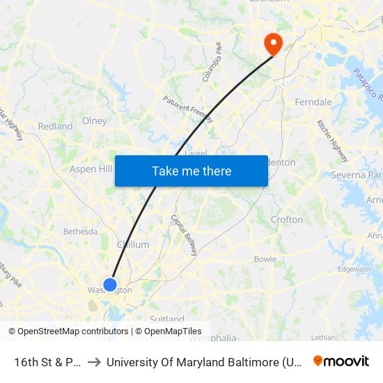 16th St & P St to University Of Maryland Baltimore (Umbc) map