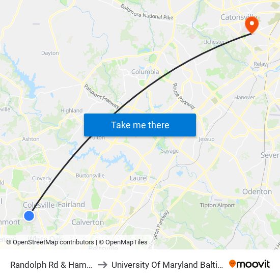 Randolph Rd & Hammonton Pl to University Of Maryland Baltimore (Umbc) map