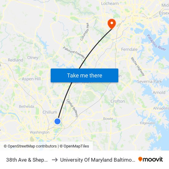 38th Ave & Shepherd St to University Of Maryland Baltimore (Umbc) map